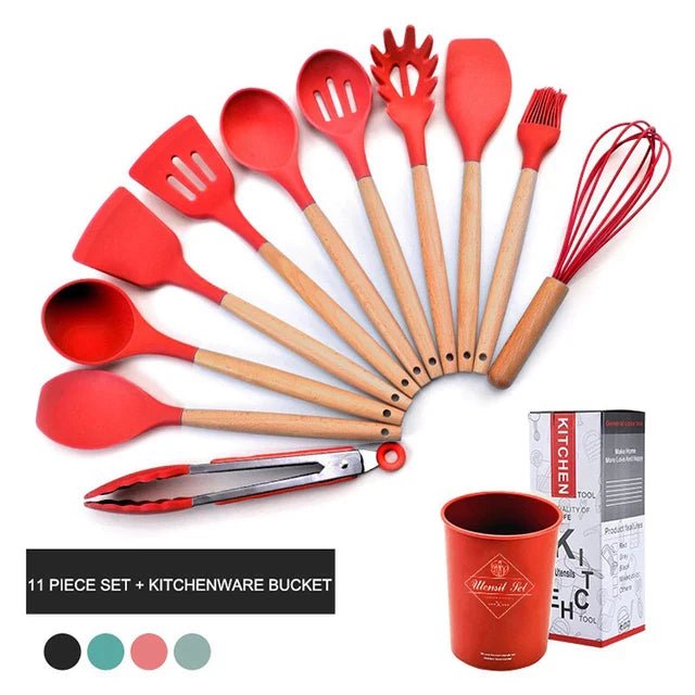 12 Pcs Silicone Kitchen Utensil Set – Heat Resistant Non‑Stick Cooking Tools with Wooden Handles - Saadiq.pk