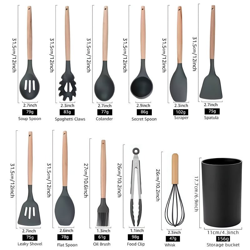 12 Pcs Silicone Kitchen Utensil Set – Heat Resistant Non‑Stick Cooking Tools with Wooden Handles - Saadiq.pk