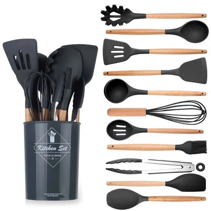 12 Pcs Silicone Kitchen Utensil Set – Heat Resistant Non‑Stick Cooking Tools with Wooden Handles - Saadiq.pk