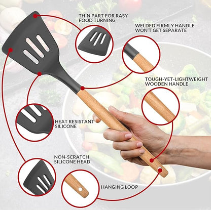12 Pcs Silicone Kitchen Utensil Set – Heat Resistant Non‑Stick Cooking Tools with Wooden Handles - Saadiq.pk