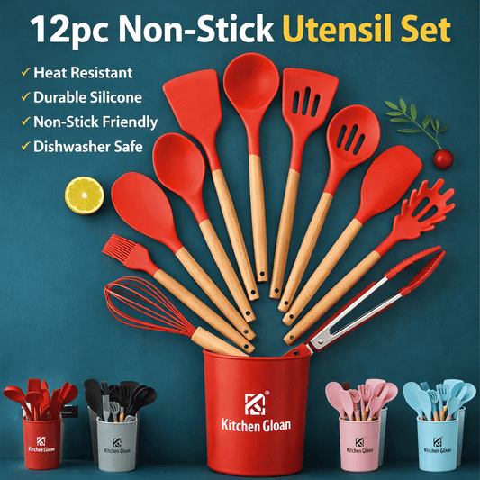 12 Pcs Silicone Kitchen Utensil Set – Heat Resistant Non‑Stick Cooking Tools with Wooden Handles - Saadiq.pk