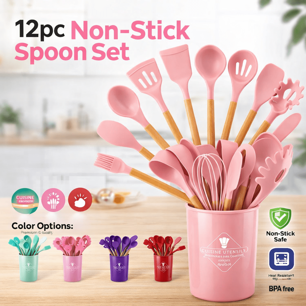 12 Pcs Silicone Kitchen Utensil Set – Heat Resistant Non‑Stick Cooking Tools with Wooden Handles - Saadiq.pk