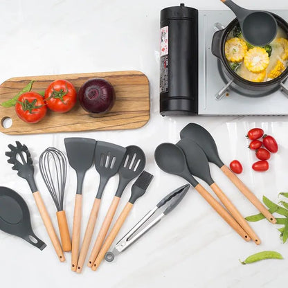 12 Pcs Silicone Kitchen Utensil Set – Heat Resistant Non‑Stick Cooking Tools with Wooden Handles - Saadiq.pk