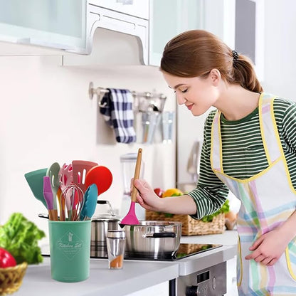 12 Pcs Silicone Kitchen Utensil Set – Heat Resistant Non‑Stick Cooking Tools with Wooden Handles - Saadiq.pk