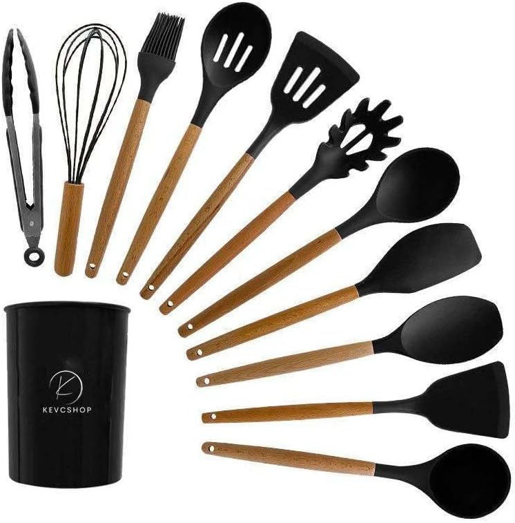 12 Pcs Silicone Kitchen Utensil Set – Heat Resistant Non‑Stick Cooking Tools with Wooden Handles - Saadiq.pk