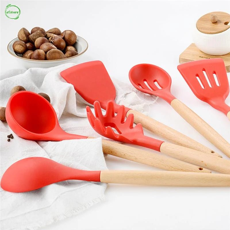 12 Pcs Silicone Kitchen Utensil Set – Heat Resistant Non‑Stick Cooking Tools with Wooden Handles - Saadiq.pk