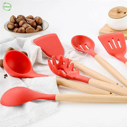 12 Pcs Silicone Kitchen Utensil Set – Heat Resistant Non‑Stick Cooking Tools with Wooden Handles - Saadiq.pk