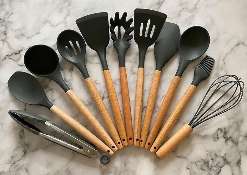 12 Pcs Silicone Kitchen Utensil Set – Heat Resistant Non‑Stick Cooking Tools with Wooden Handles - Saadiq.pk