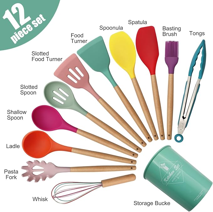 12 Pcs Silicone Kitchen Utensil Set – Heat Resistant Non‑Stick Cooking Tools with Wooden Handles - Saadiq.pk