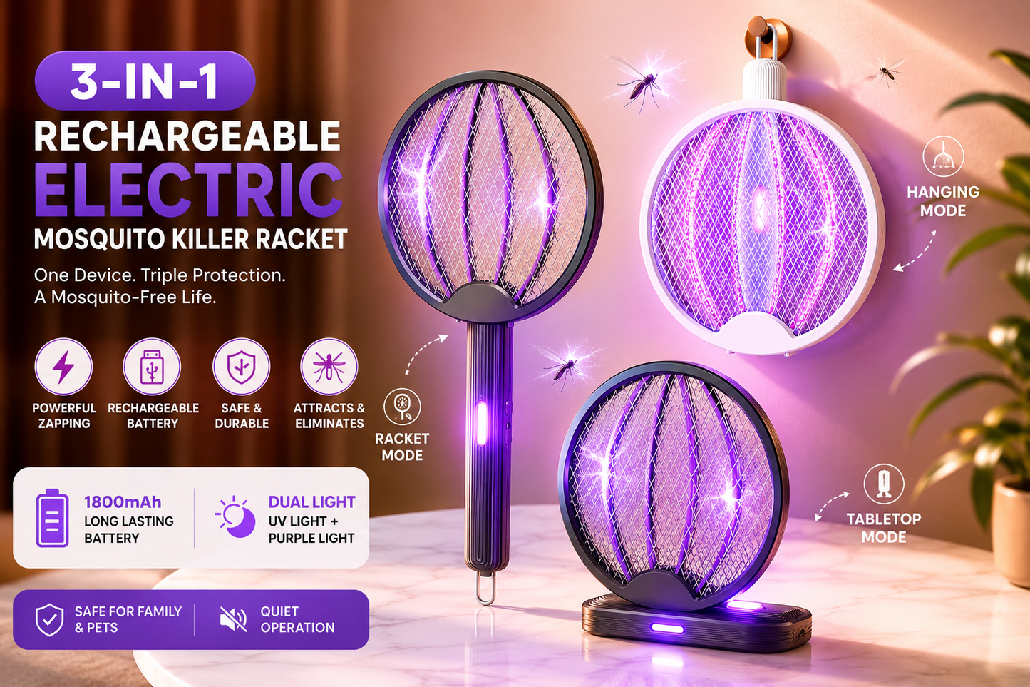 3-in-1 Rechargeable Electric Mosquito Killer Racket