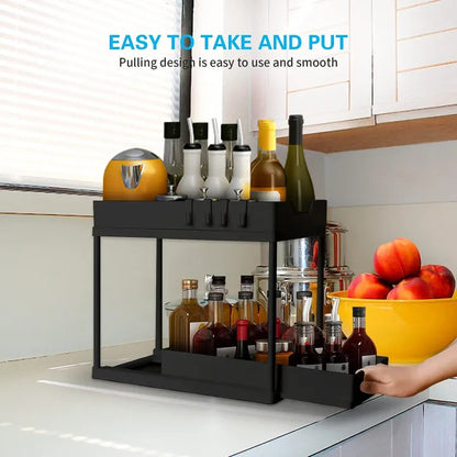 Double Deck Sliding Storage Organizer with Hooks