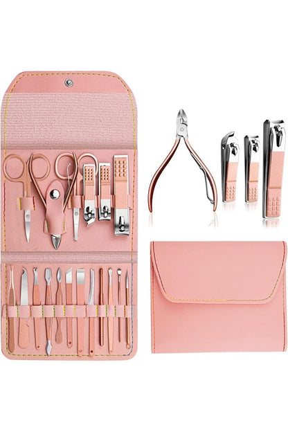 16 - Piece Manicure & Pedicure Nail Kit | Professional Grooming Set with Leather Case | Nail Clippers, Cuticle Tools & More - Saadiq.pk