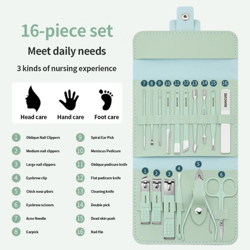 16 - Piece Manicure & Pedicure Nail Kit | Professional Grooming Set with Leather Case | Nail Clippers, Cuticle Tools & More - Saadiq.pk