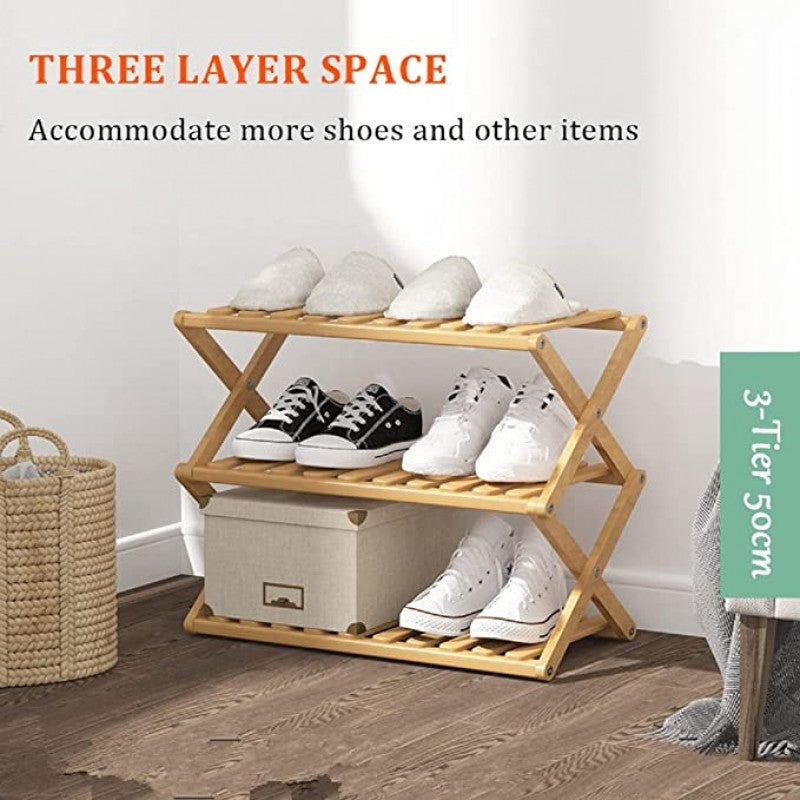 3 Tier Folding Bamboo Shoe Storage Racks Portable Storage Without Installation