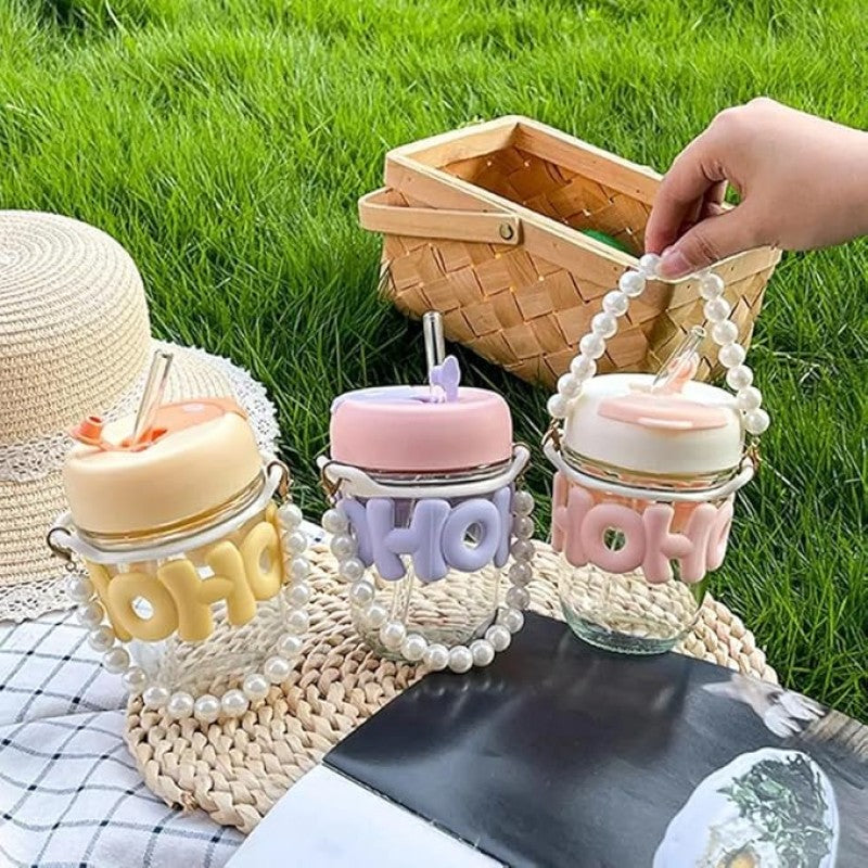 Cute Pearl Handle Glass Tumbler With Straw – Premium Kids & Girls Cup