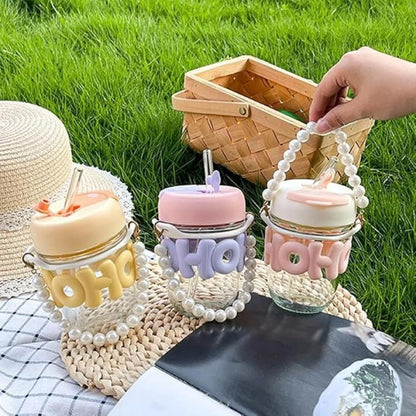 Cute Pearl Handle Glass Tumbler With Straw – Premium Kids & Girls Cup