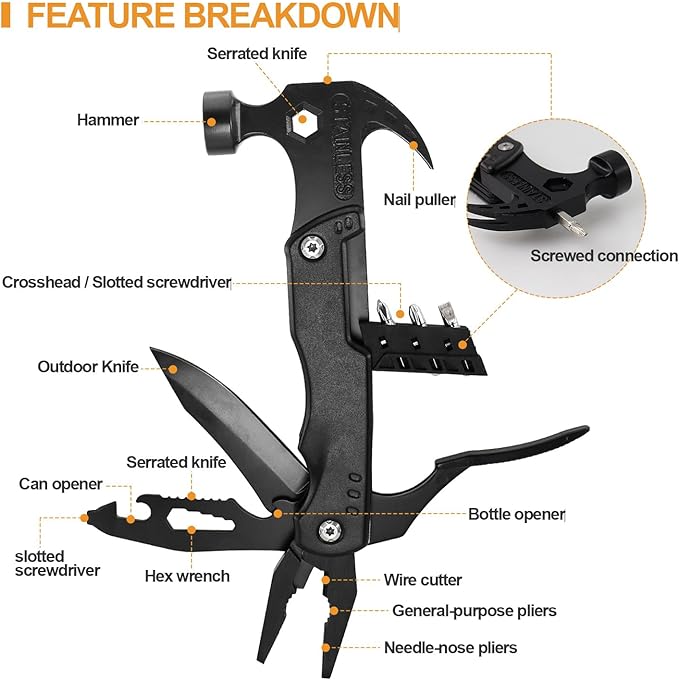 19‑in‑1 Multi Tool Hammer – Folding Pliers, Knife, Screwdriver & Survival Tool - Saadiq.pk