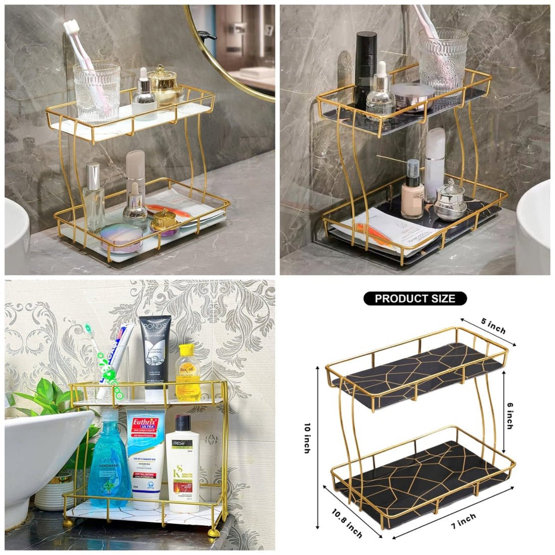 2 - Tier Rectangular Golden Vanity Stand – Makeup & Jewelry Organizer - Saadiq.pk