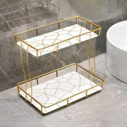 2 - Tier Rectangular Golden Vanity Stand – Makeup & Jewelry Organizer - Saadiq.pk
