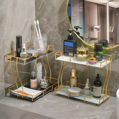 2 - Tier Rectangular Golden Vanity Stand – Makeup & Jewelry Organizer - Saadiq.pk