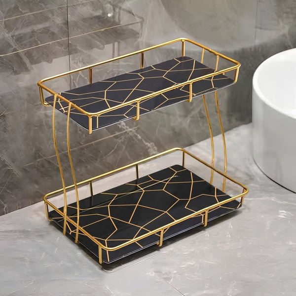 2 - Tier Rectangular Golden Vanity Stand – Makeup & Jewelry Organizer - Saadiq.pk