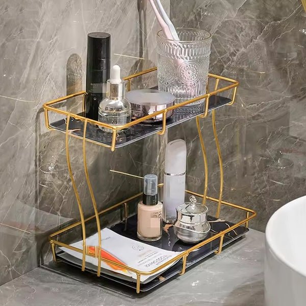 2 - Tier Rectangular Golden Vanity Stand – Makeup & Jewelry Organizer - Saadiq.pk