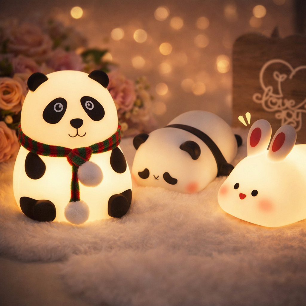 Cute Silicone LED Night Light – USB Rechargeable Touch Control Panda & Bunny Lamp