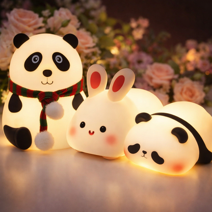Cute Silicone LED Night Light – USB Rechargeable Touch Control Panda & Bunny Lamp