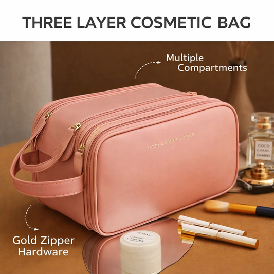 3 Layer Cosmetic Bag – Large Capacity Travel Makeup Organizer with Double Zipper & Compartments