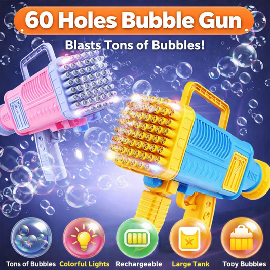 Two bubble guns with text indicating 60 holes and features on a bubble-themed background.