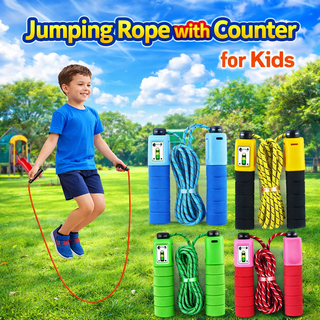 Child jumping rope with a colorful set of jump ropes and counters on a grassy field.