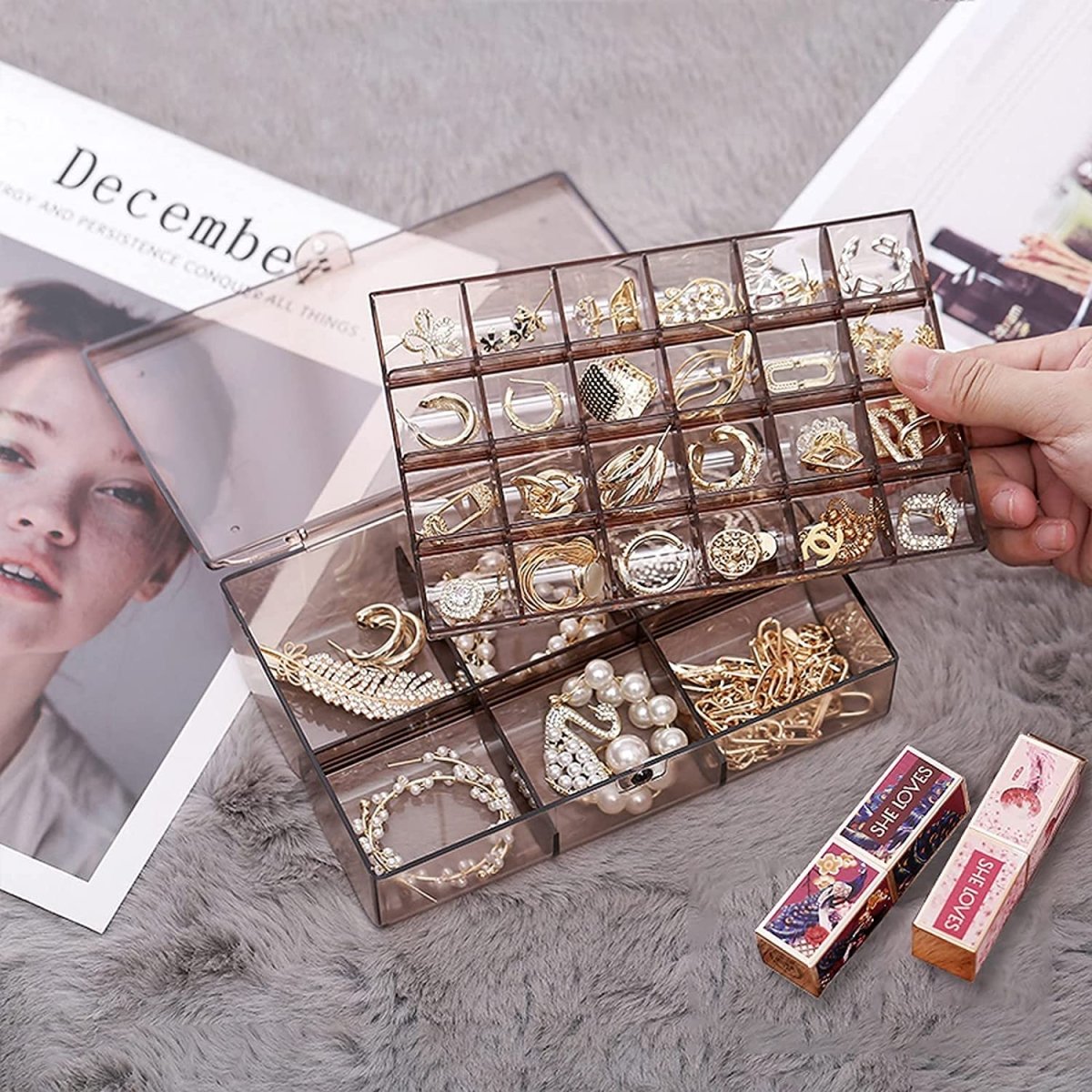 24 - Grid Transparent Acrylic Jewelry Box Organizer – Storage - Saadiq.pk