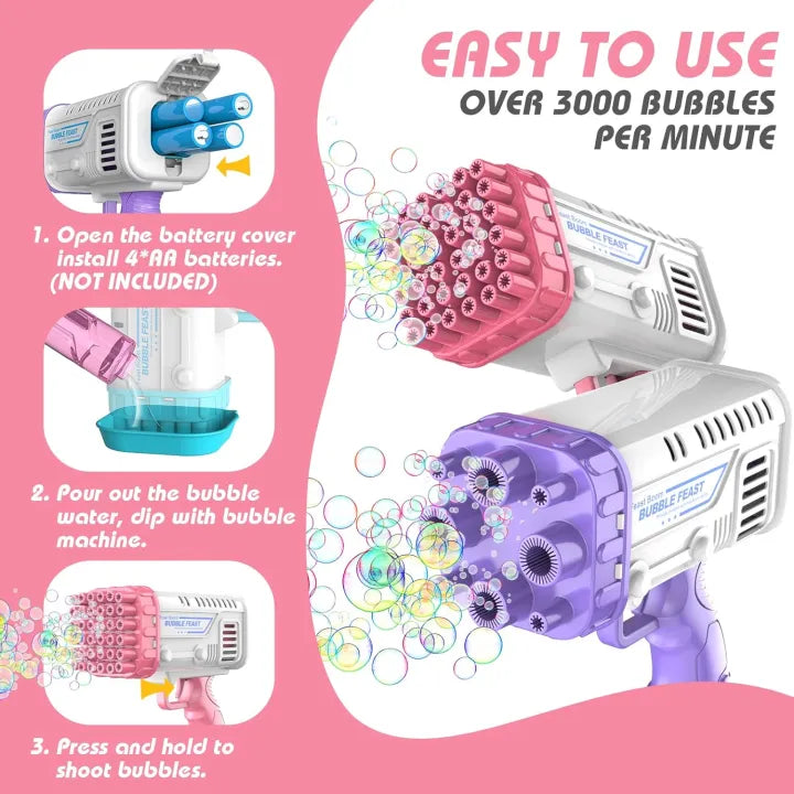 Bubble gun with instructions on a pink background