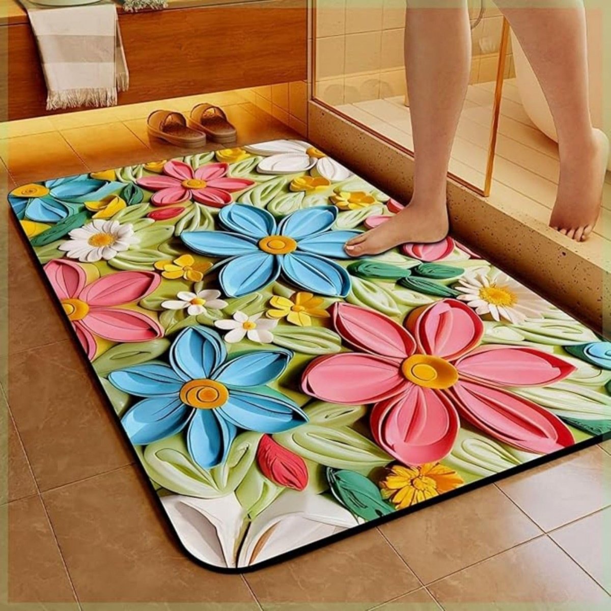 2PC Anti‑Slip Flower Design Bathroom Mat – Fast‑Drying, Water‑Absorbent Floor Mat – Large Square - Saadiq.pk