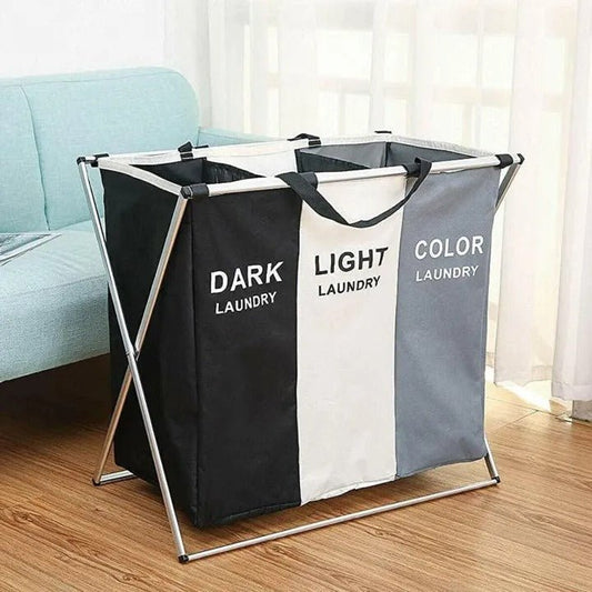 3 Compartment Laundry Basket – Foldable Clothes Sorting Organizer - Saadiq.pk