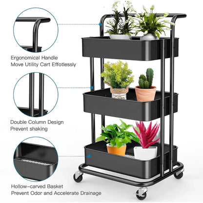 3 - Tier Metal Rolling Storage Cart – Multipurpose Utility Organizer with Wheels - Saadiq.pk
