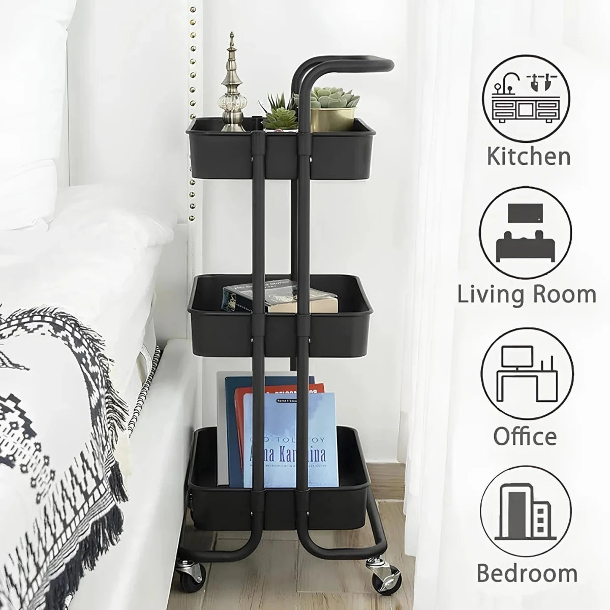 3 - Tier Metal Rolling Storage Cart – Multipurpose Utility Organizer with Wheels - Saadiq.pk