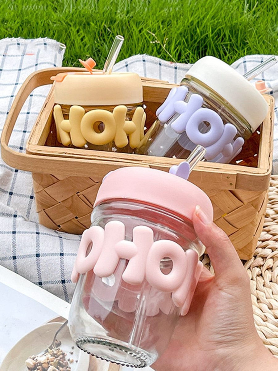 350ml Cute Glass Sipper with Lid, Straw & Pearl Chain | Transparent Glass Heat Resistant Water Bottle With Pearl Bracelet | Kids & Girls Water/Juice Cup - Saadiq.pk