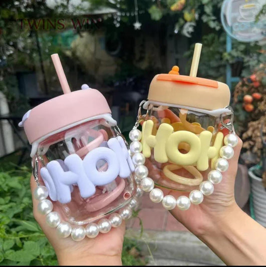 350ml Cute Glass Sipper with Lid, Straw & Pearl Chain | Transparent Glass Heat Resistant Water Bottle With Pearl Bracelet | Kids & Girls Water/Juice Cup - Saadiq.pk