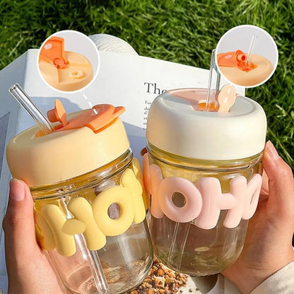 350ml Cute Glass Sipper with Lid, Straw & Pearl Chain | Transparent Glass Heat Resistant Water Bottle With Pearl Bracelet | Kids & Girls Water/Juice Cup - Saadiq.pk