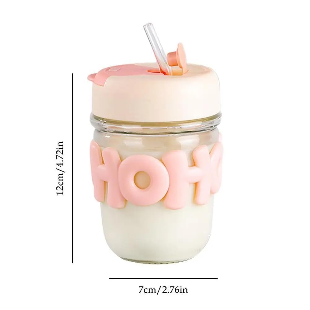 350ml Cute Glass Sipper with Lid, Straw & Pearl Chain | Transparent Glass Heat Resistant Water Bottle With Pearl Bracelet | Kids & Girls Water/Juice Cup - Saadiq.pk