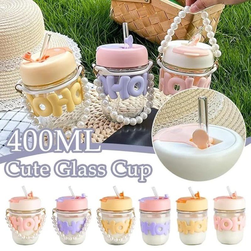 350ml Cute Glass Sipper with Lid, Straw & Pearl Chain | Transparent Glass Heat Resistant Water Bottle With Pearl Bracelet | Kids & Girls Water/Juice Cup - Saadiq.pk