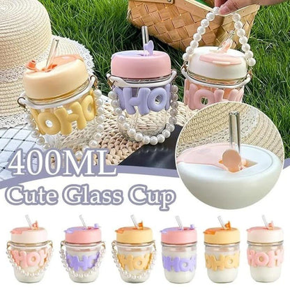 350ml Cute Glass Sipper with Lid, Straw & Pearl Chain | Transparent Glass Heat Resistant Water Bottle With Pearl Bracelet | Kids & Girls Water/Juice Cup - Saadiq.pk