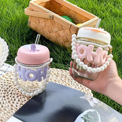 350ml Cute Glass Sipper with Lid, Straw & Pearl Chain | Transparent Glass Heat Resistant Water Bottle With Pearl Bracelet | Kids & Girls Water/Juice Cup - Saadiq.pk