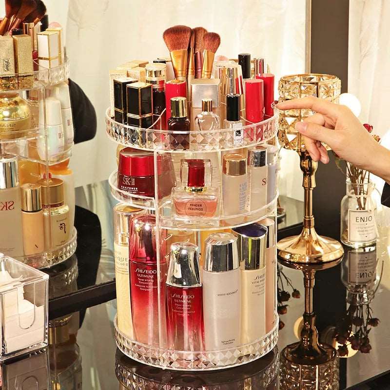 360° Rotating Acrylic Makeup Organizer Stand – Multi - Layer Cosmetic Storage - Saadiq.pk