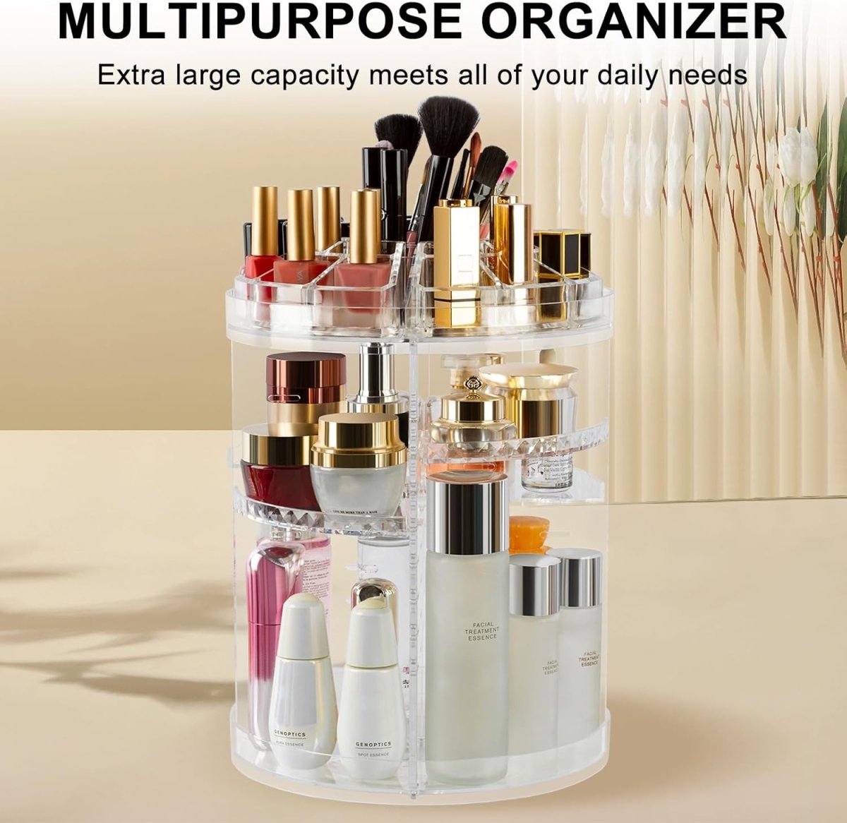 360° Rotating Acrylic Makeup Organizer Stand – Multi - Layer Cosmetic Storage - Saadiq.pk