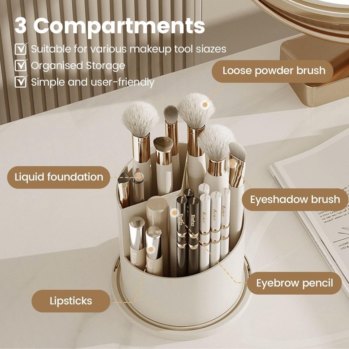 360° Rotating Dustproof Makeup Brush Organizer | Luxury Crystal Spinning Brush Holder - Saadiq.pk