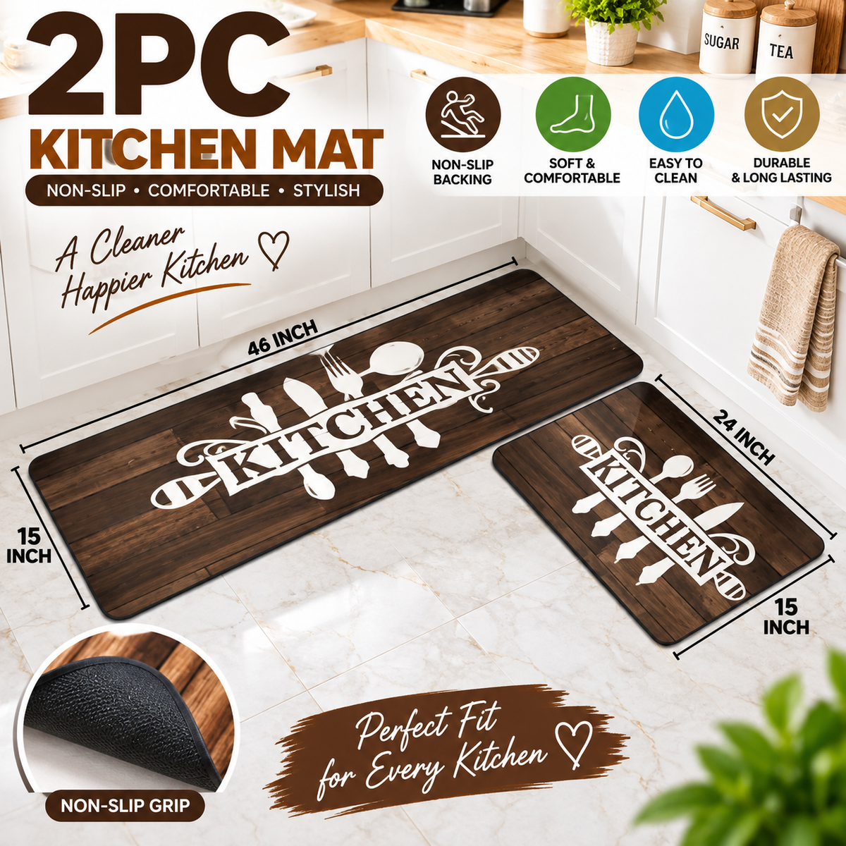 2PC Anti Slip Water Absorbent Runner With Mat – Rustic Wood