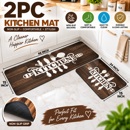 2PC Anti Slip Water Absorbent Runner With Mat – Rustic Wood