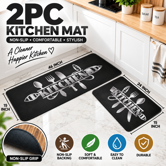 2PC Anti Slip Water Absorbent Runner With Mat – Silver Kitchen